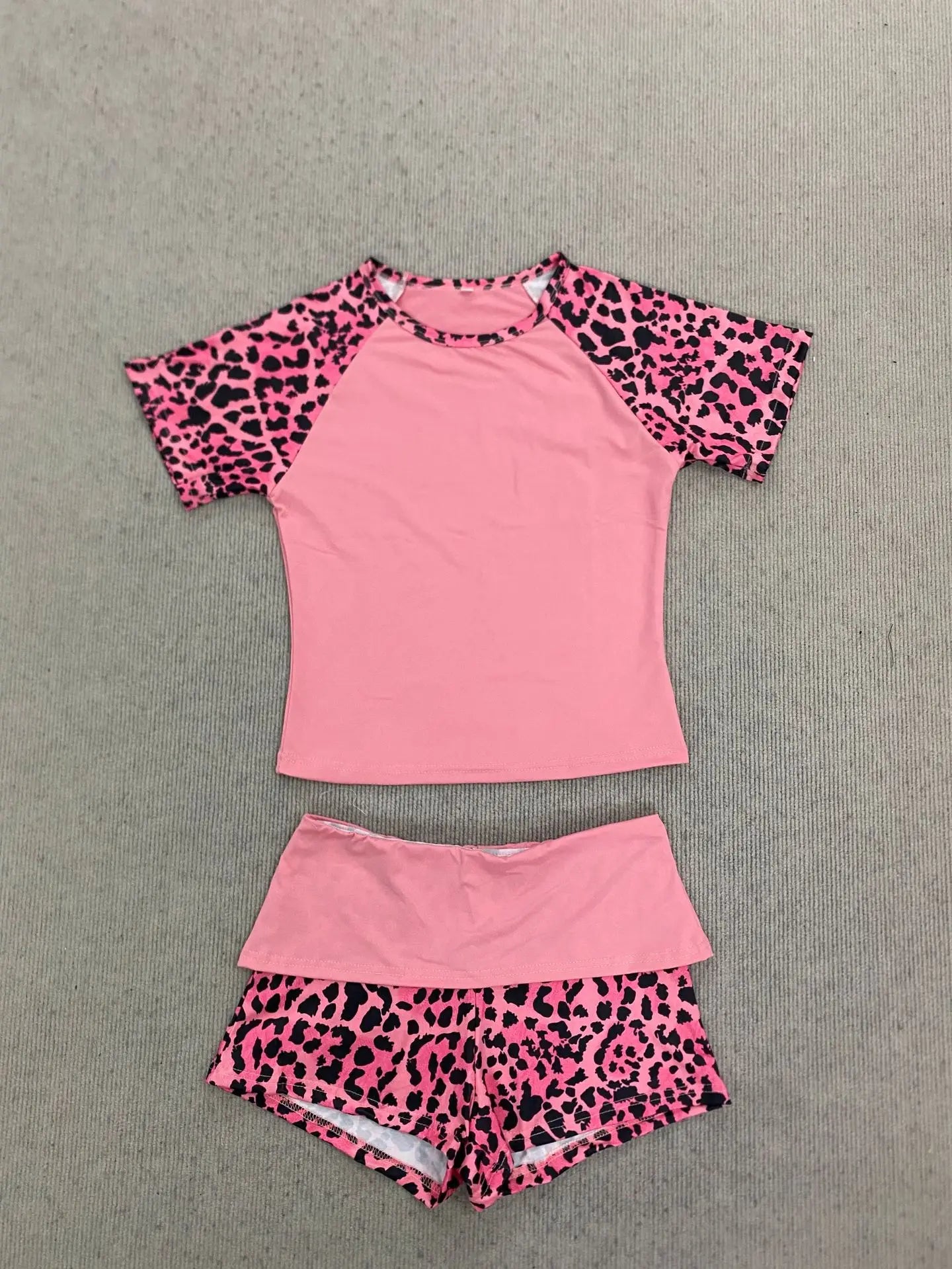 2026 summer new American retro leopard print patchwork short sleeved shorts set Y2K punk street fashion trend casual spicy girl
