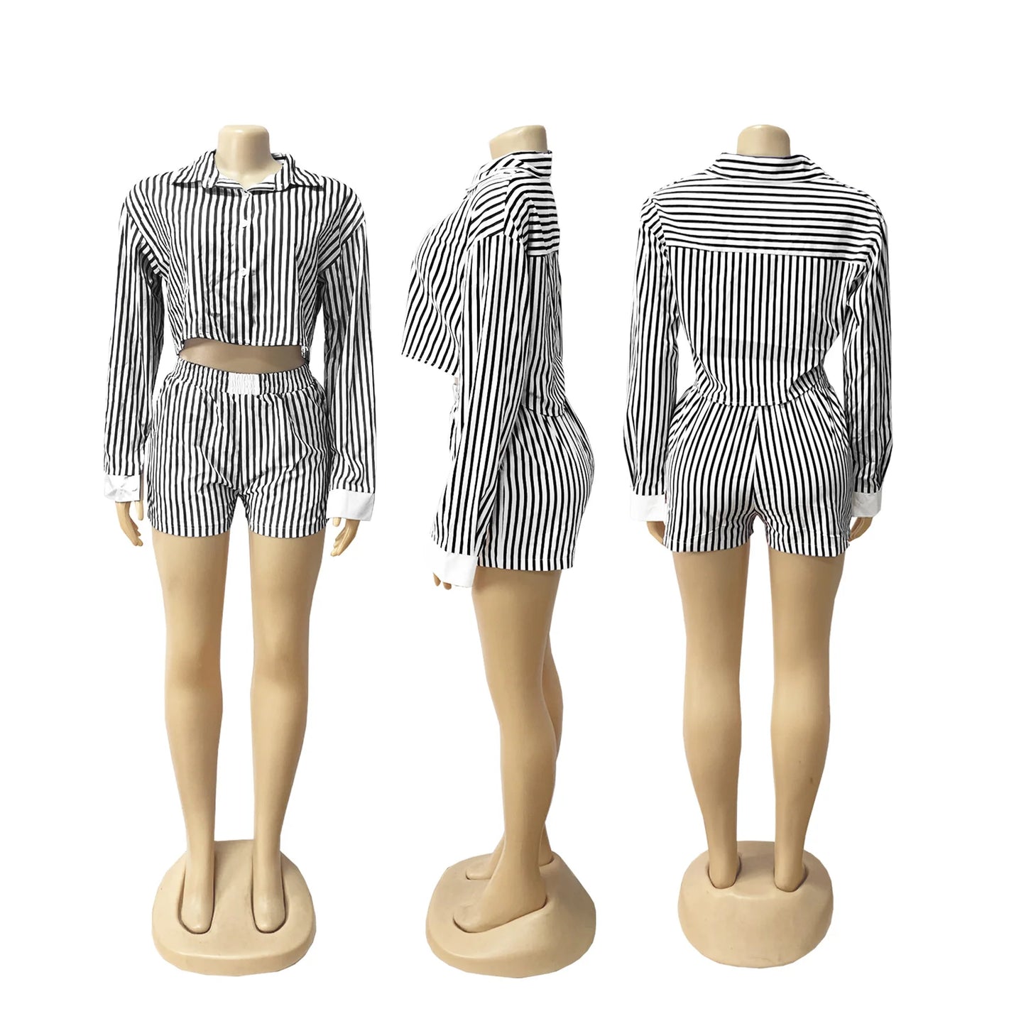 HLJ Spring Summer Ladies Shorts Outfits Stripes Crop Shirt Top + Shorts Two Piece Set Casual Matching Women 2 Piece Clothing Set