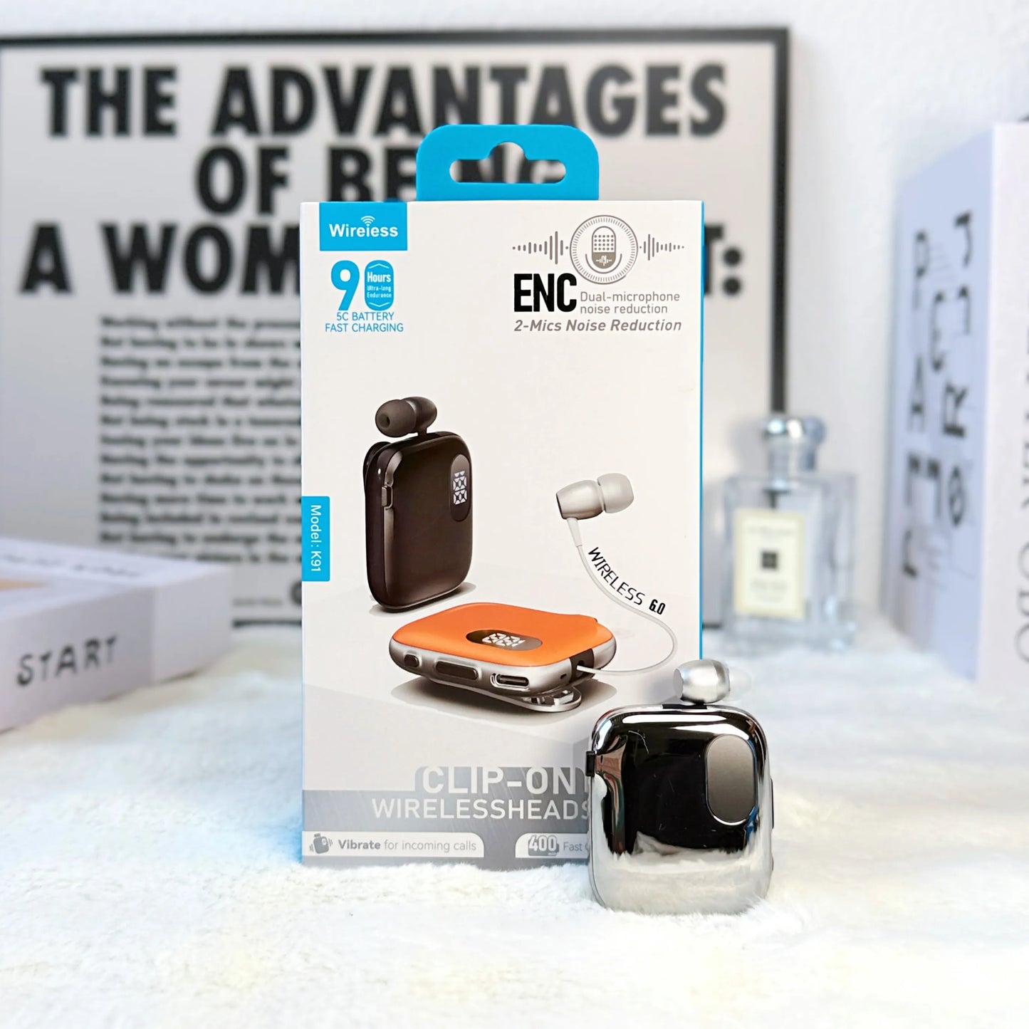 90H Playtime Bluetooth Headset V6 ENC Noise Canceling LED Power Display Retractable lapel clip Earphone for Meeting Driving K91