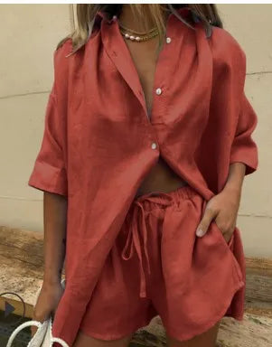 2024 Summer New Women's 2-piece set Solid Single breasted Short sleeve Shirt Two piece Set Wide Leg Lace-up Shorts For Women