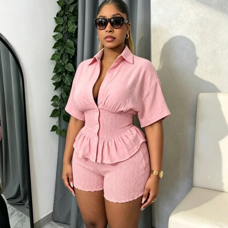 Elegant New Design WomenSummer Two Piece Set Solid Color Short Sleeve Elastic Waist Ruffles Hem Blouse Top And Folds Shorts Set