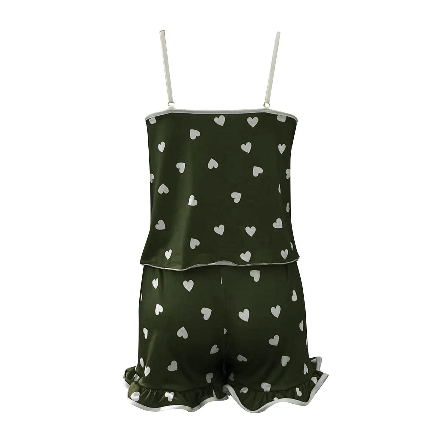 Women Summer Sleepwear Set Camisole Shorts Pajama Set Milk Silk Heart Print V Neck Sleeveless Sexy Loungewear Homewear