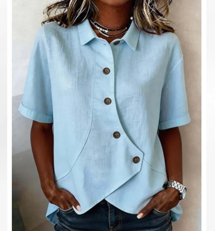 Summer Women's Casual Solid Irregular Shirt Fashion Elegant Top Button Short Sleeve Holiday Party Womens Tops And Blouses