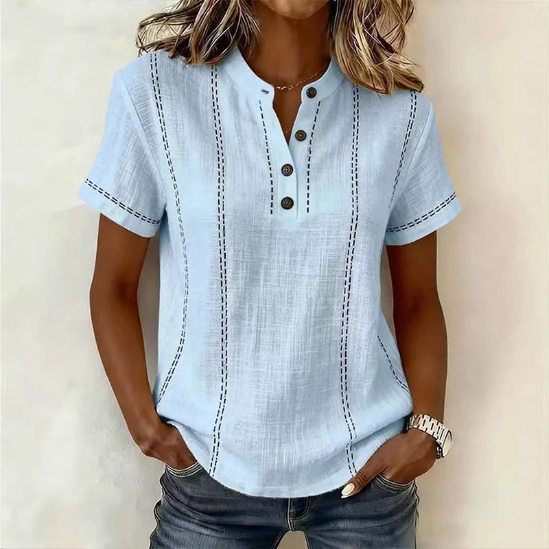 Elegant Women Blouse Shirt V Neck Button Patchwork Short Sleeve Shirts For Women Summer Striped Loose Tee Women Casual T-shirts