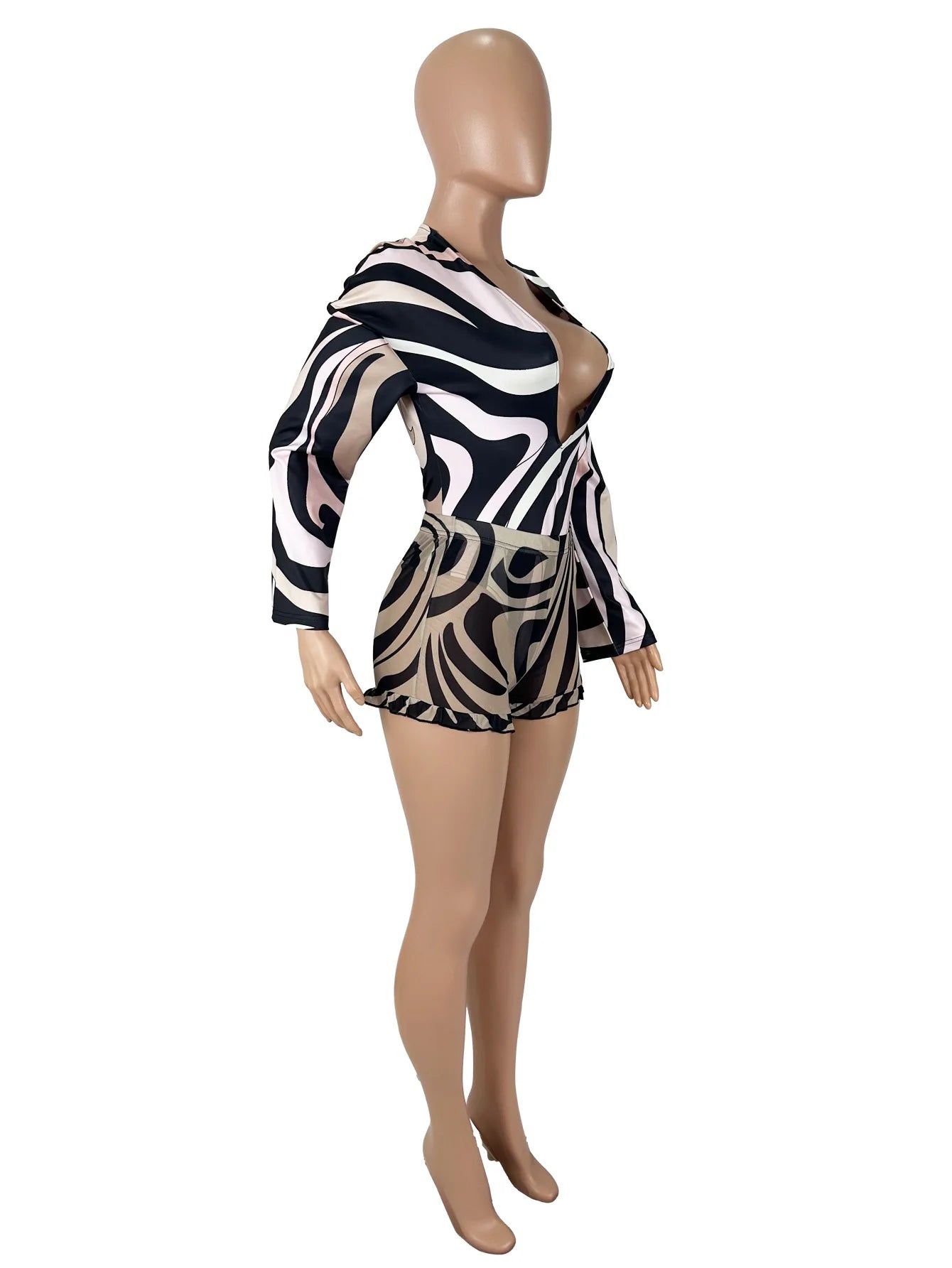 Sexy Stripe Print V-neck Long Sleeve Blouse Top and Sheer Mesh Shorts Two-piece Set Women Bodysuit Summer Sets Womens Outfits
