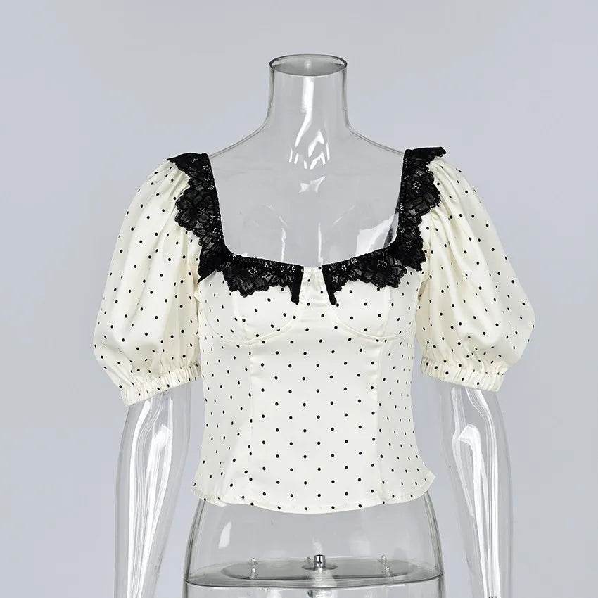 Vintage Polka Dot Square Collar Shirts Women Elegant Lace Puff Sleeve Blouses 2026 Summer Fashion Sexy Pullover Slim Tops