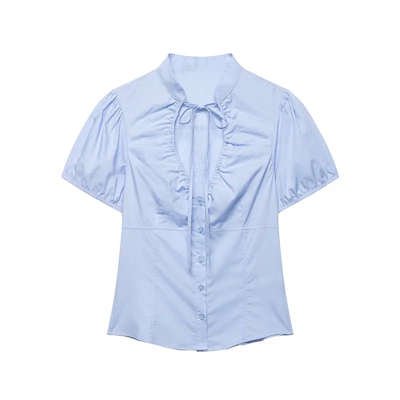 Women's Tops 2026 Summer Fashion Stand Collar Lace Up Short Sleeve Buttons Blouses Elegant Shirts Female Slim Top