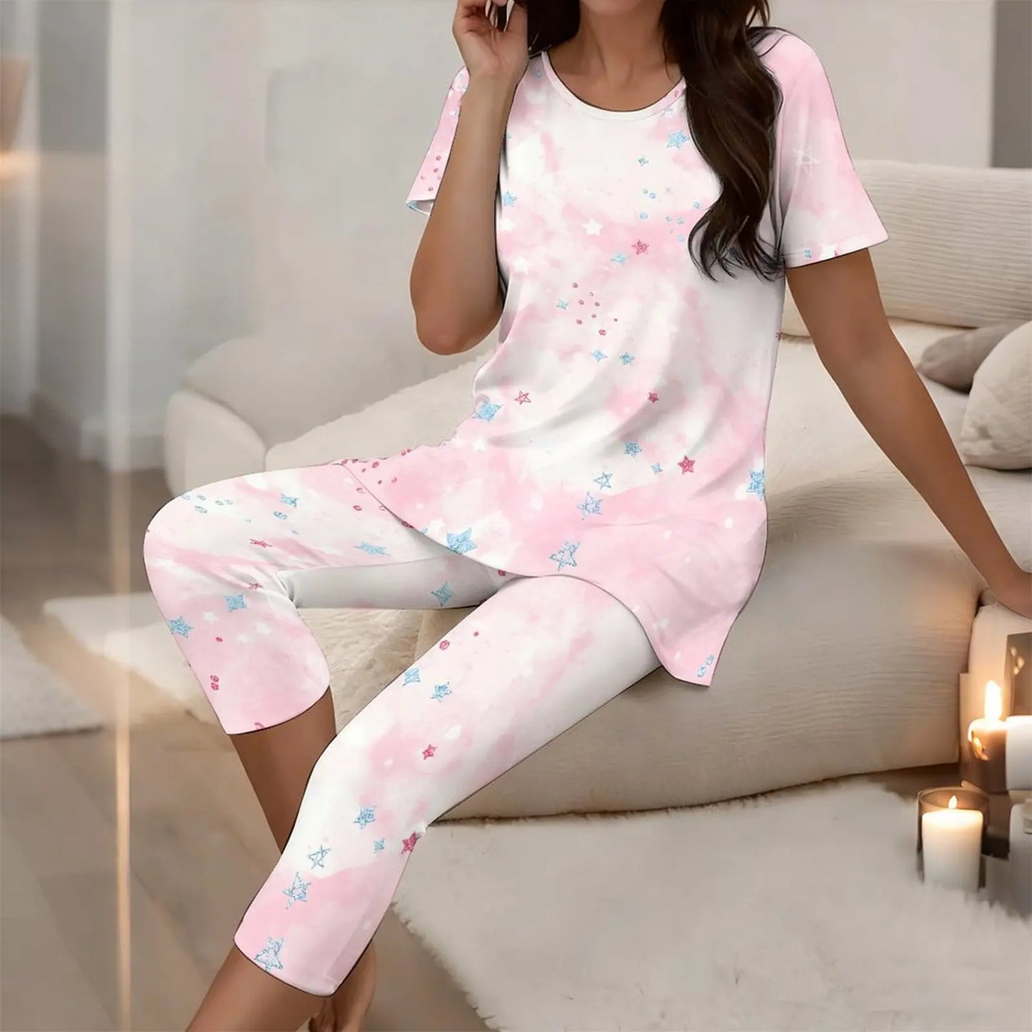 Sexy Two-piece Set Elegance Knee-length PantsWomen's Vintage T-shirt Elegant Short-sleeved Round-neck Printed Tops