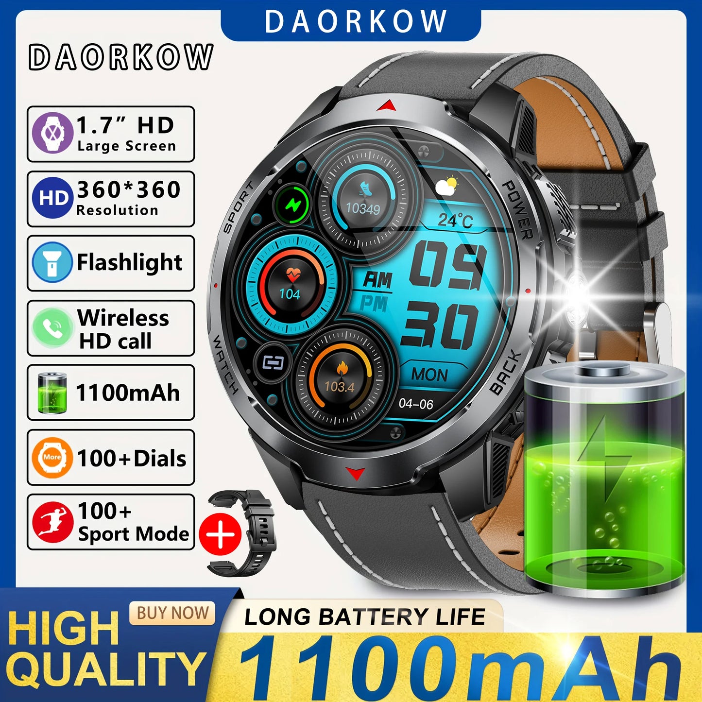 Smart Watch LED Flashlight Outdoor KT88 Compass Wireless call Men Multi-Sport
