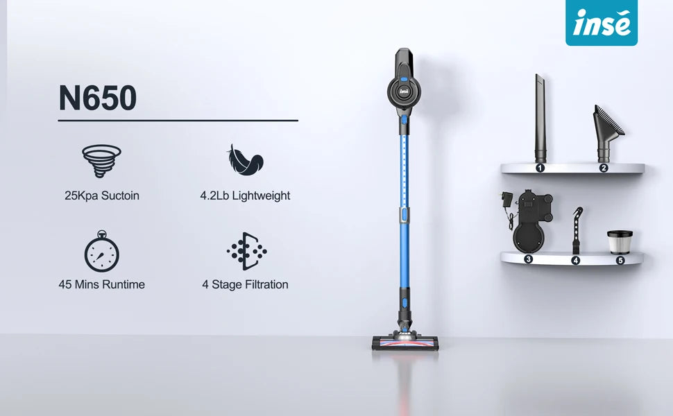 INSE N650 Cordless Vacuum Cleaner, 25Kpa Lightweight Stick Vacuum, Up to 45 Min