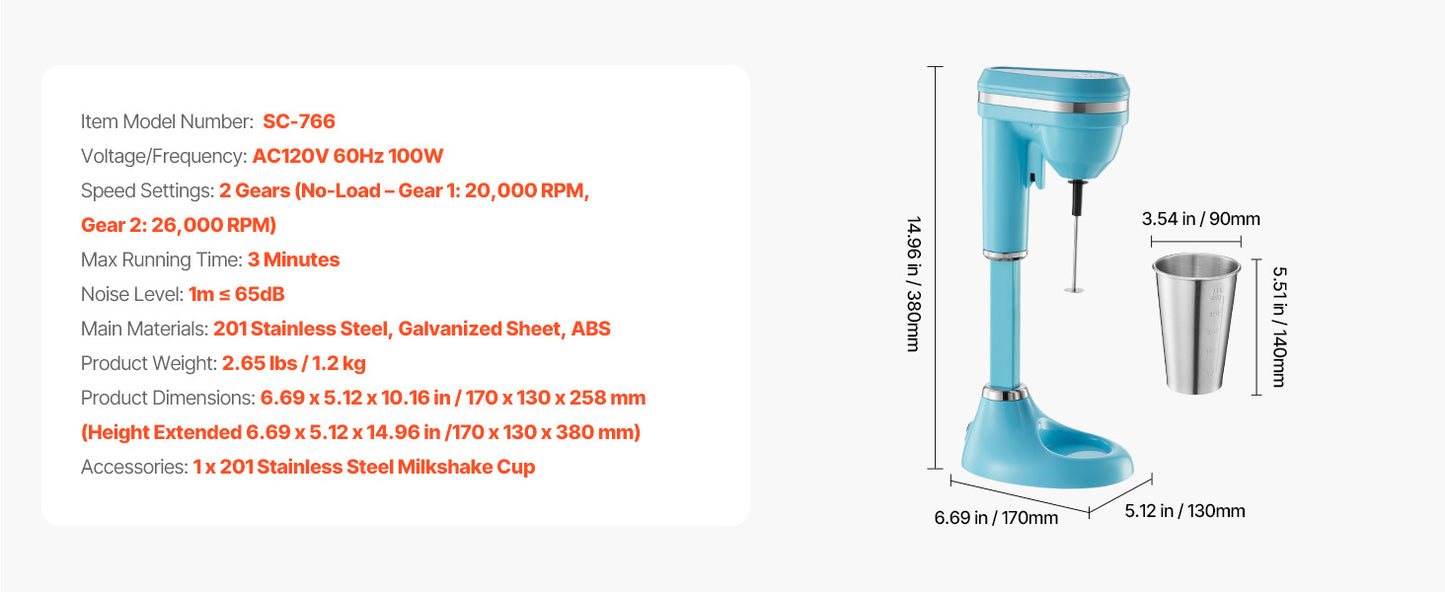 SucceBuy Milkshake Maker 100W Single Head Drink Mixer Blender Machine Dual-Speed Adjustment Milkshake Blender for Home Kitchen