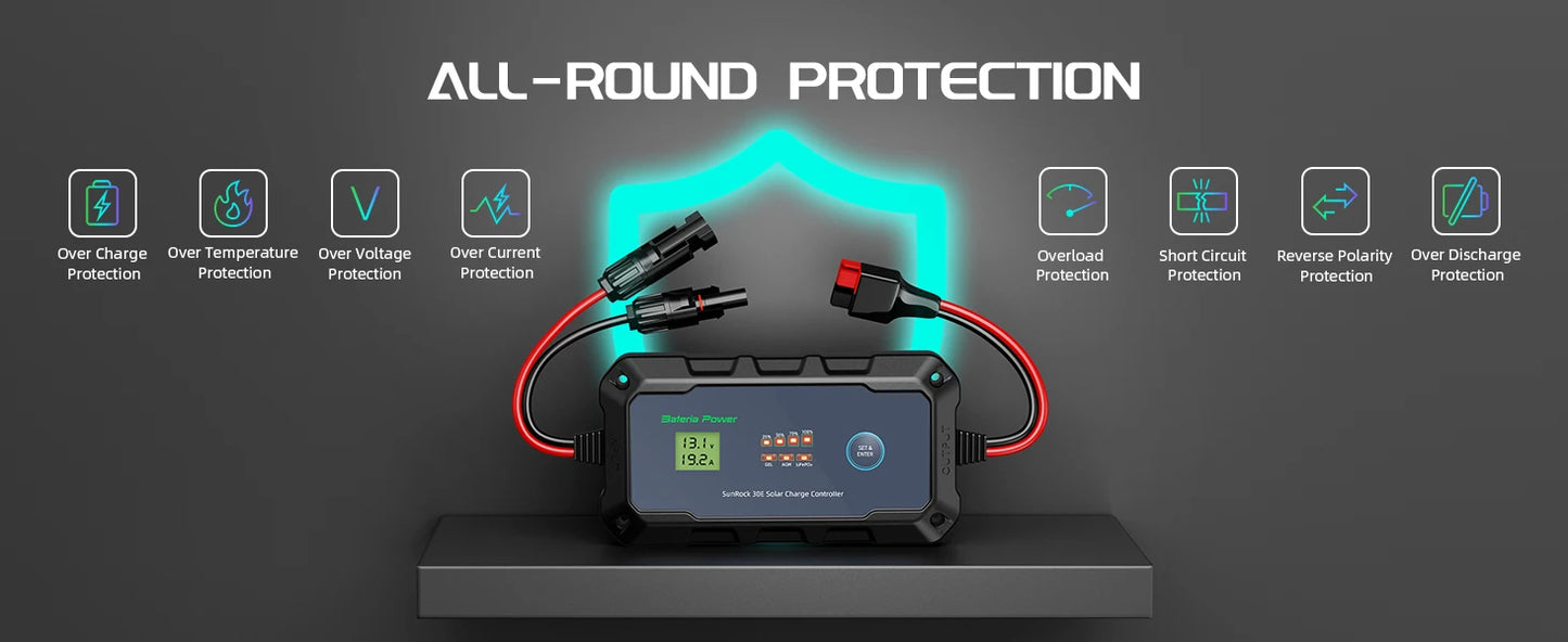 30A Solar Charge Controller 12V 24V, Bateria Power PWM Intelligent Plug and Play Portable Solar Regulator, LCD Display