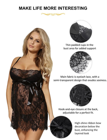 ohyeah Women Plus Size Lingerie Eyelash Lace Babydoll Nightgown