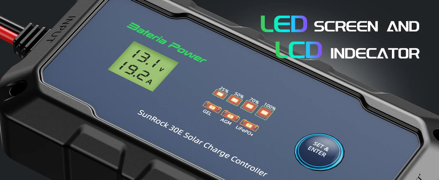 30A Solar Charge Controller 12V 24V, Bateria Power PWM Intelligent Plug and Play Portable Solar Regulator, LCD Display