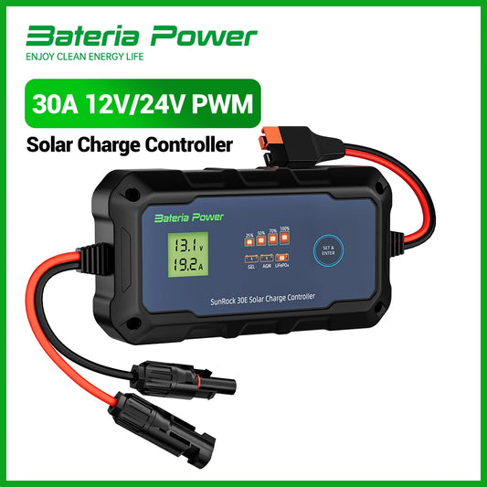 30A Solar Charge Controller 12V 24V, Bateria Power PWM Intelligent Plug and Play Portable Solar Regulator, LCD Display