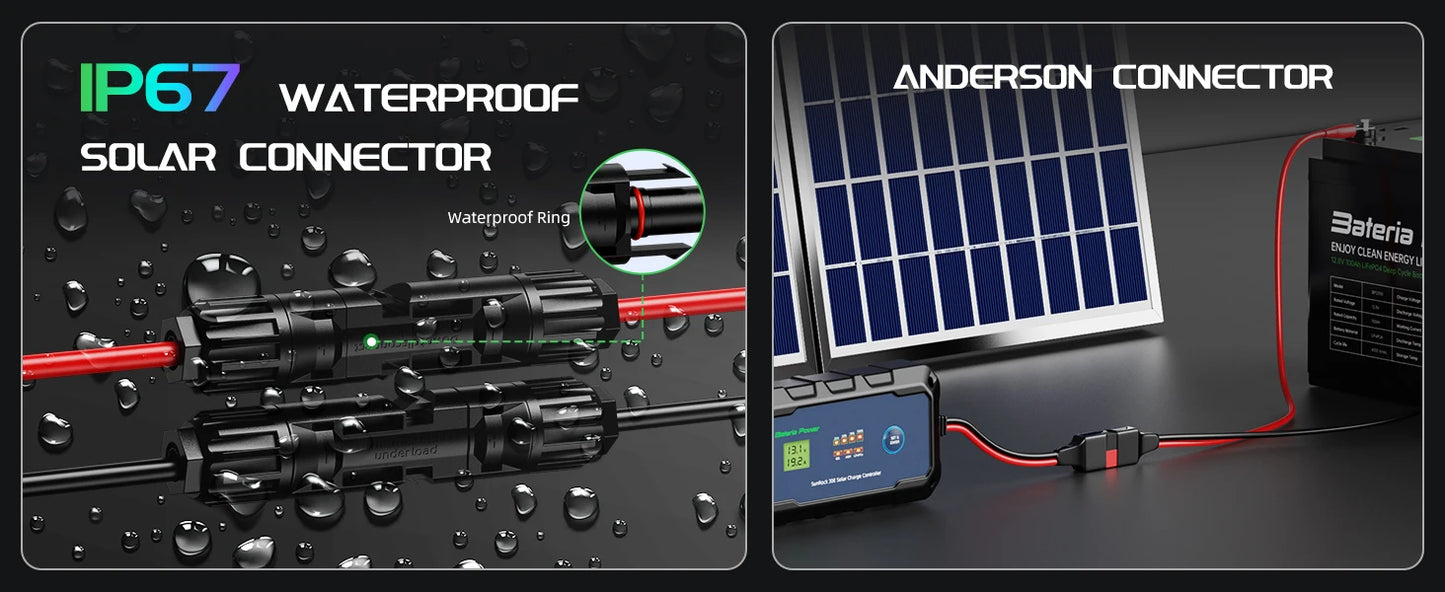 30A Solar Charge Controller 12V 24V, Bateria Power PWM Intelligent Plug and Play Portable Solar Regulator, LCD Display