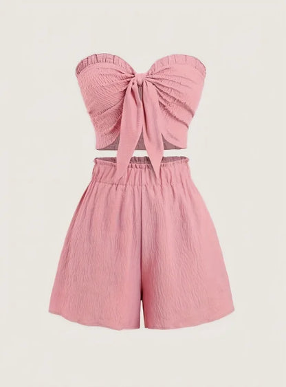 Simple, Beachy Style, Romantic Seaside. Date Outfit Featuring a Top with Gathered Details and Shorts, a Two-Piece Set for Women.