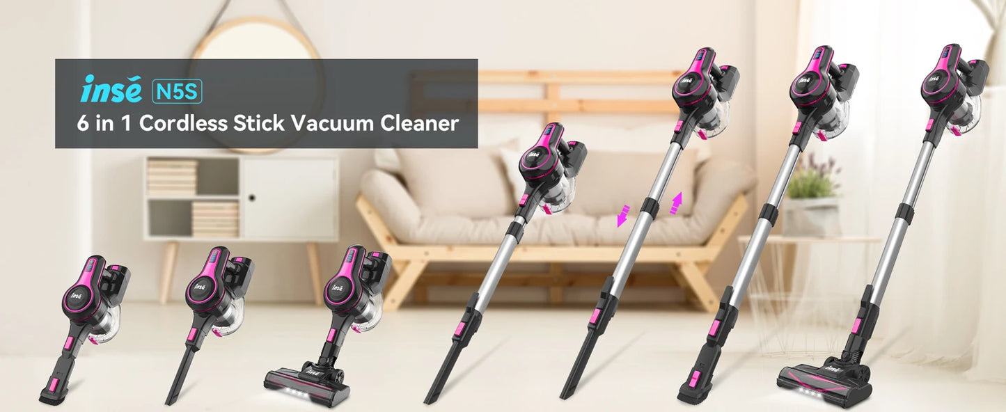 INSE N5T Cordless Vacuum Cleaner, 25Kpa 1.2L Large Dustbin, 6 in 1 Handheld Vacuum for Household Cleaning