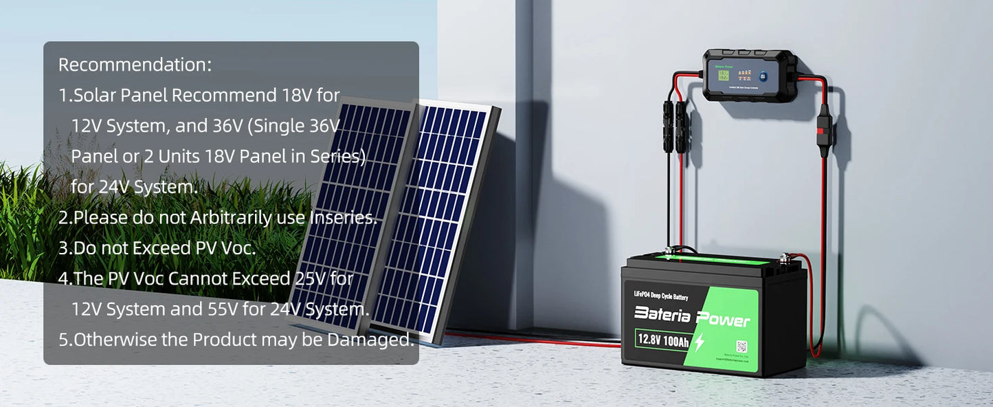 30A Solar Charge Controller 12V 24V, Bateria Power PWM Intelligent Plug and Play Portable Solar Regulator, LCD Display