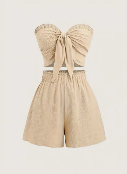 Simple, Beachy Style, Romantic Seaside. Date Outfit Featuring a Top with Gathered Details and Shorts, a Two-Piece Set for Women.