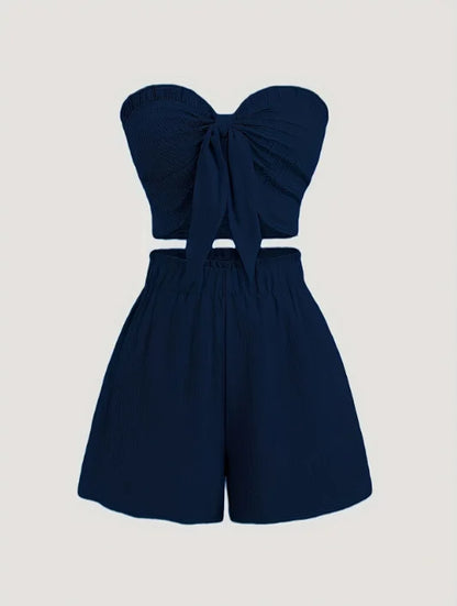 Simple, Beachy Style, Romantic Seaside. Date Outfit Featuring a Top with Gathered Details and Shorts, a Two-Piece Set for Women.