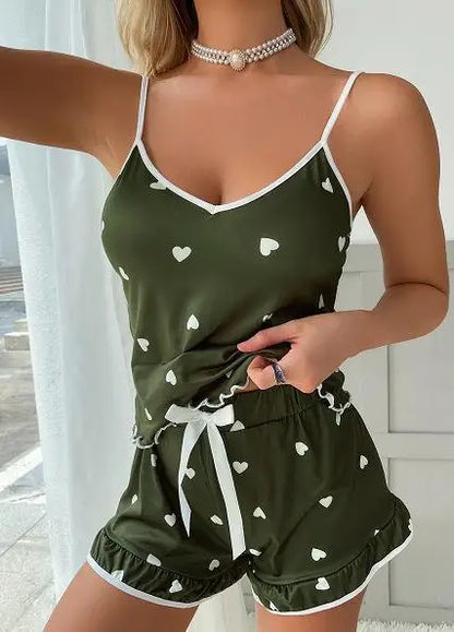 Women’s 2 Piece Pajama Set Heart Print Cami Top and Shorts Sleepwear Summer Loungewear Nightwear Sexy Cute Pjs Set