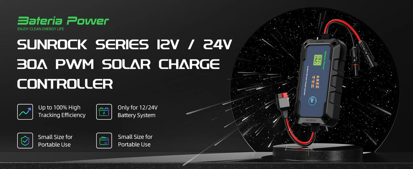 30A Solar Charge Controller 12V 24V, Bateria Power PWM Intelligent Plug and Play Portable Solar Regulator, LCD Display