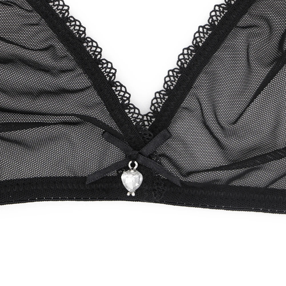 Sexy ladies see through elastic mesh bra set women wire free white underwear bra+thong lingerie set