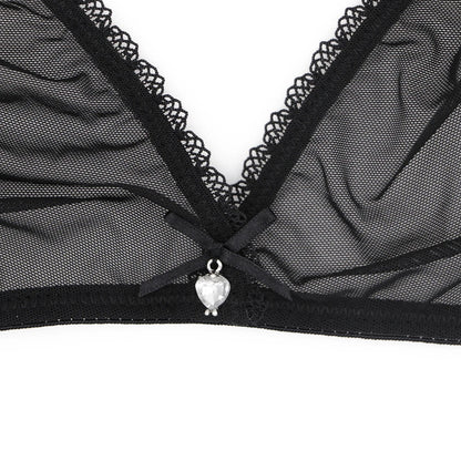 Sexy ladies see through elastic mesh bra set women wire free white underwear bra+thong lingerie set