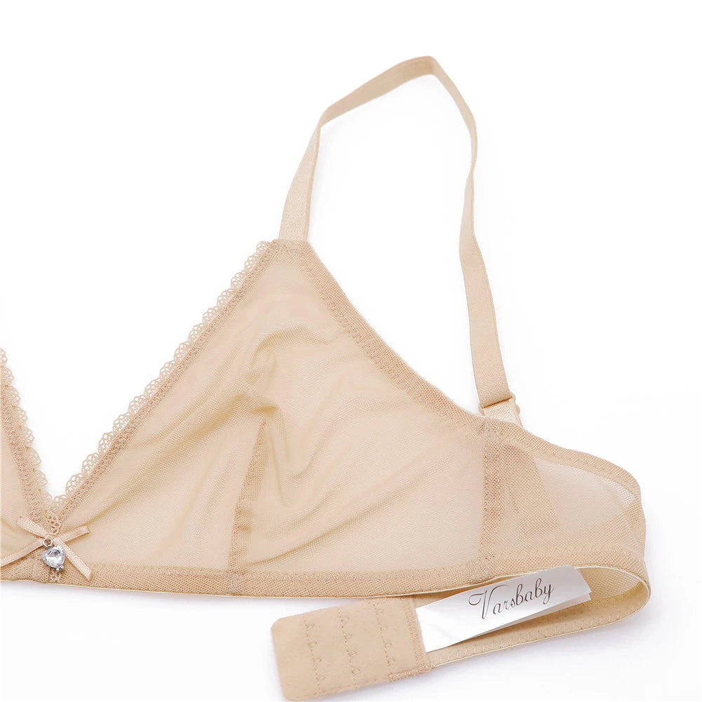 Sexy ladies see through elastic mesh bra set women wire free white underwear bra+thong lingerie set