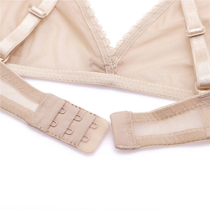 Sexy ladies see through elastic mesh bra set women wire free white underwear bra+thong lingerie set