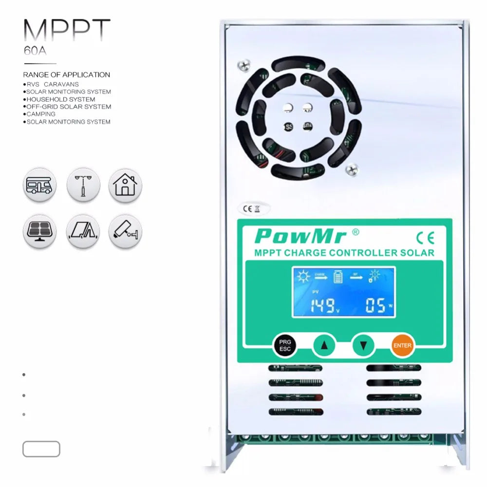 PowMr MPPT 60A Solar Charge Controller 12V 24V 36V 48V Auto Max PV 160VDC For Lead Acid Lithium Battery