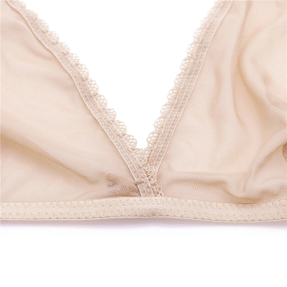Sexy ladies see through elastic mesh bra set women wire free white underwear bra+thong lingerie set