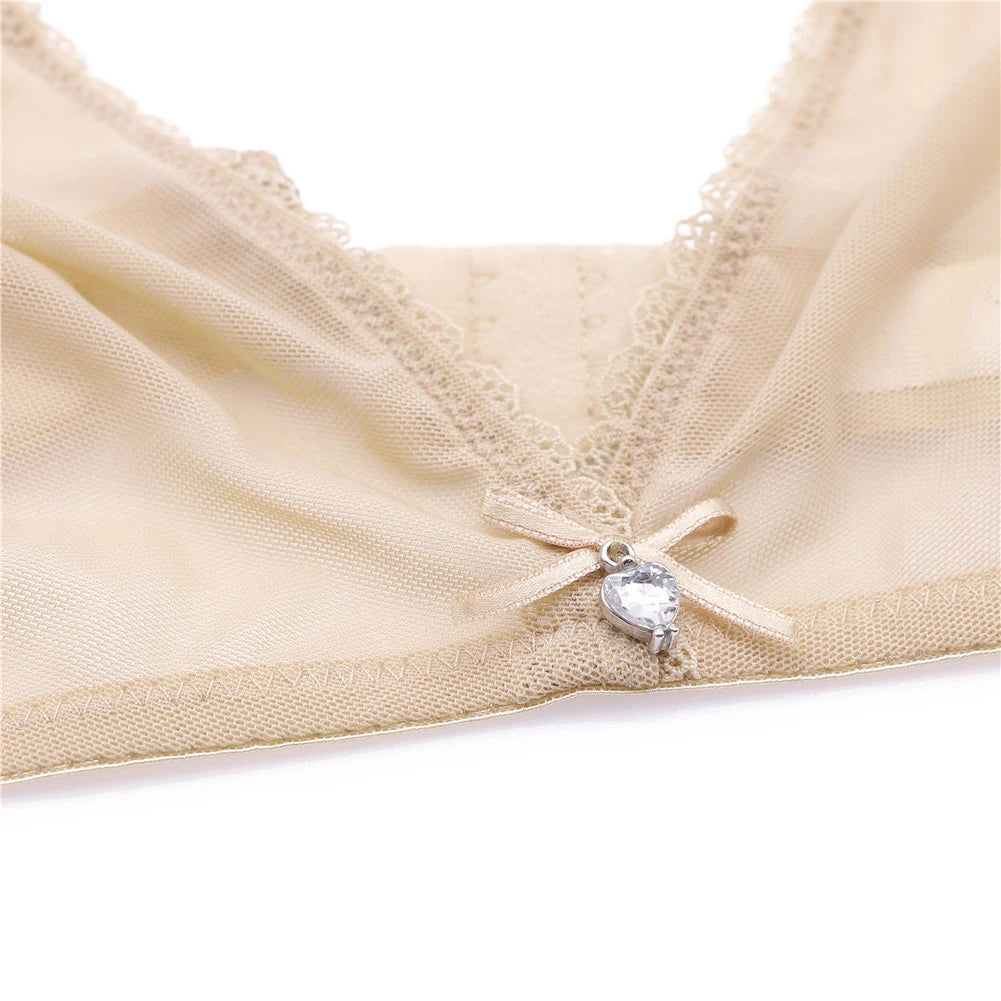 Sexy ladies see through elastic mesh bra set women wire free white underwear bra+thong lingerie set