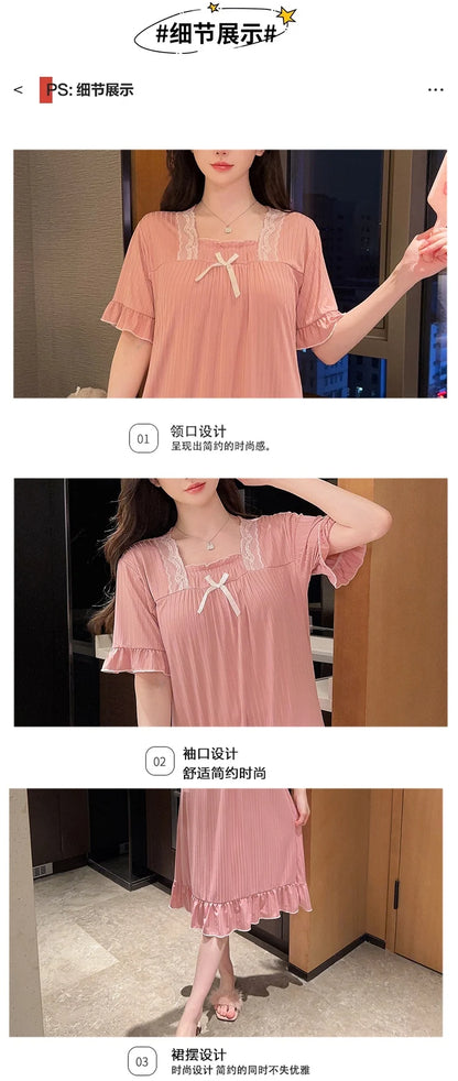 Hot Summer Plus Size Sexy Lace V-neck Short Sleeve Cotton Nightgowns for Women Cute Sleepwear Night Dress Nightdress Home Nighty