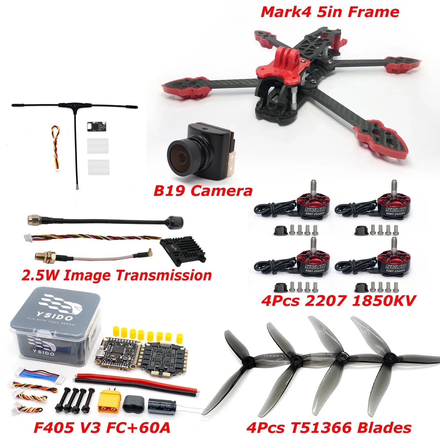 Mark4 5inch Frame Kit F405 V3 FC 60A ESC Stack 2207 1850KV Brushless Motor Propeller B19 Camera 915MHz ELRS RC FPV Racing Drone