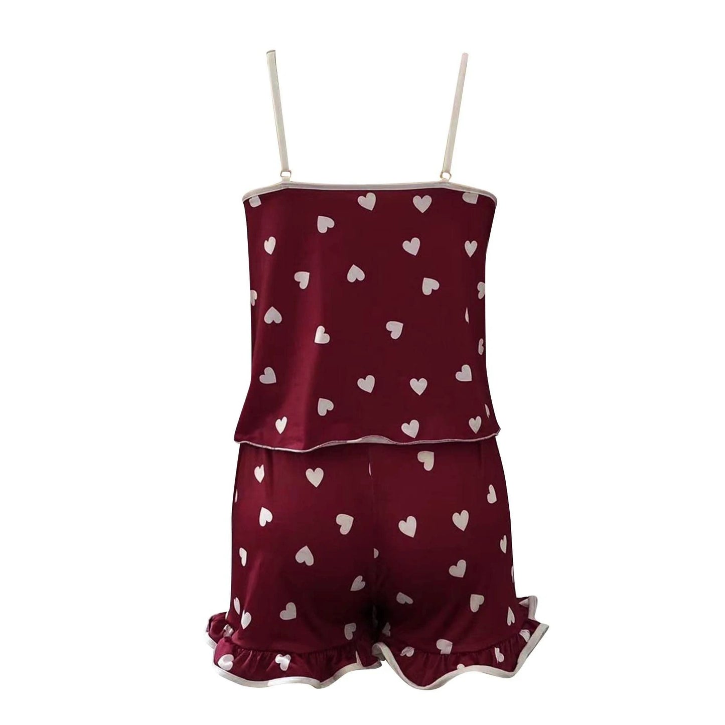 Women Summer Sleepwear Set Camisole Shorts Pajama Set Milk Silk Heart Print V Neck Sleeveless Sexy Loungewear Homewear