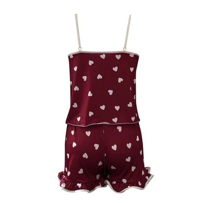 Women Summer Sleepwear Set Camisole Shorts Pajama Set Milk Silk Heart Print V Neck Sleeveless Sexy Loungewear Homewear