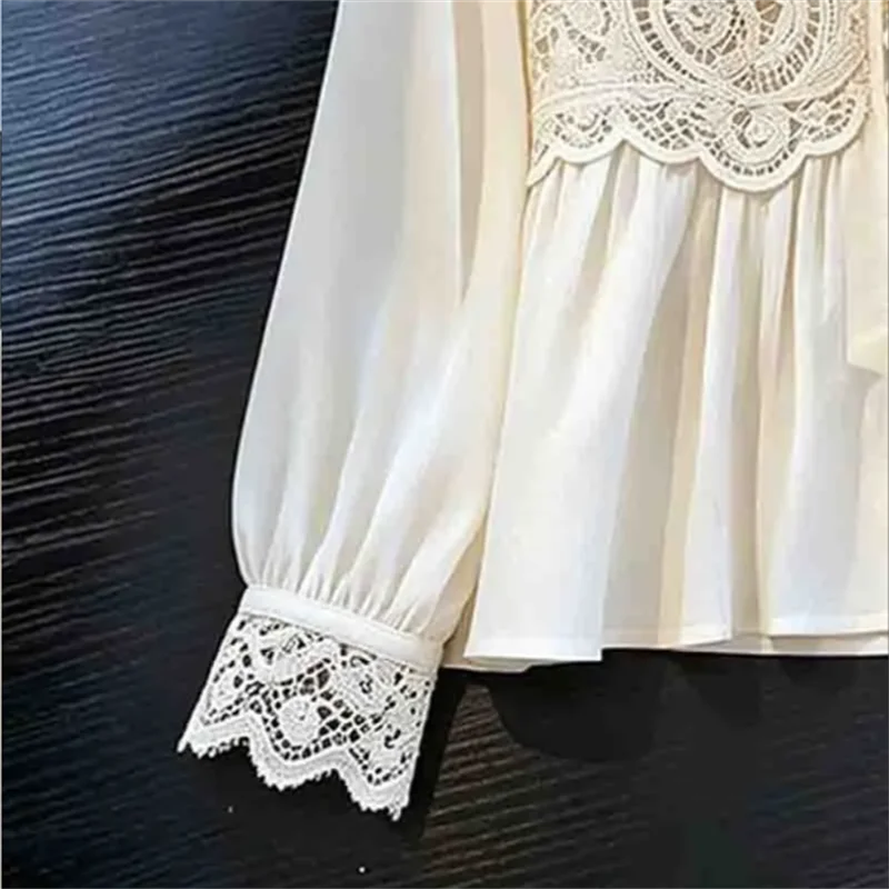 White Lace Blouse Patchwork Shirt Long Sleeved Top luxury Temperament Shirt Hollow Lacey Blous Vneck Ladies Blouses