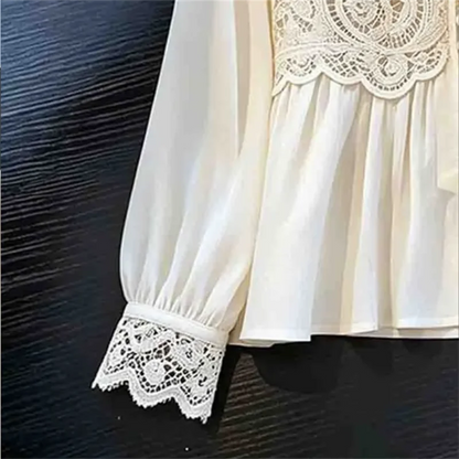 White Lace Blouse Patchwork Shirt Long Sleeved Top luxury Temperament Shirt Hollow Lacey Blous Vneck Ladies Blouses