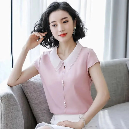 Women Spring Summer Style Blouses Shirts Lady Casual Short Sleeve Peter Pan Collar Blue Pink Blusas Tops