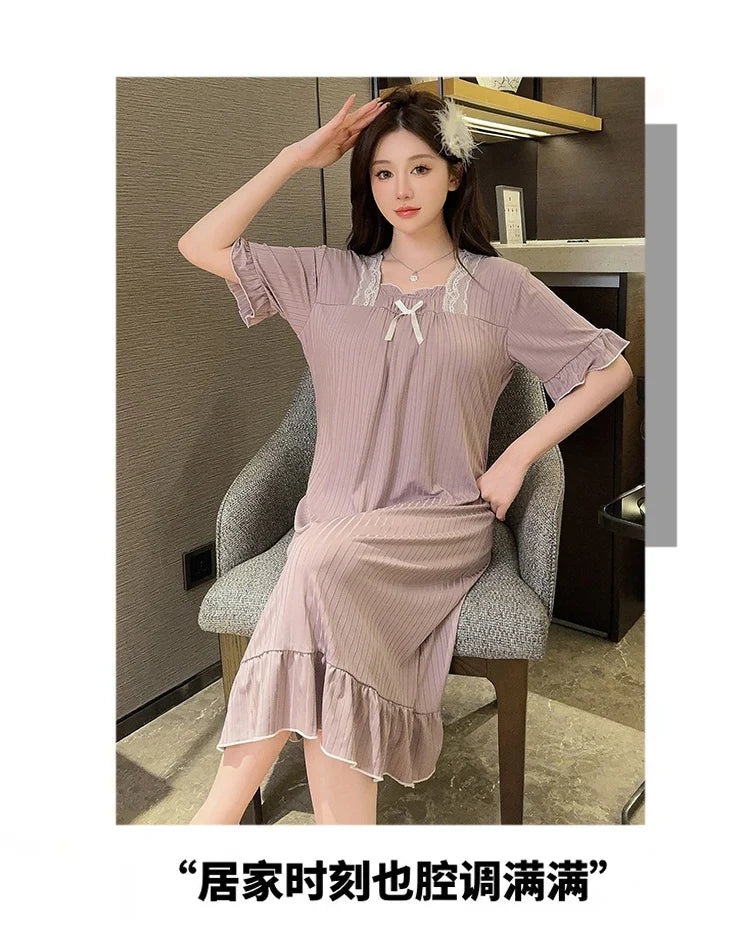 Hot Summer Plus Size Sexy Lace V-neck Short Sleeve Cotton Nightgowns for Women Cute Sleepwear Night Dress Nightdress Home Nighty