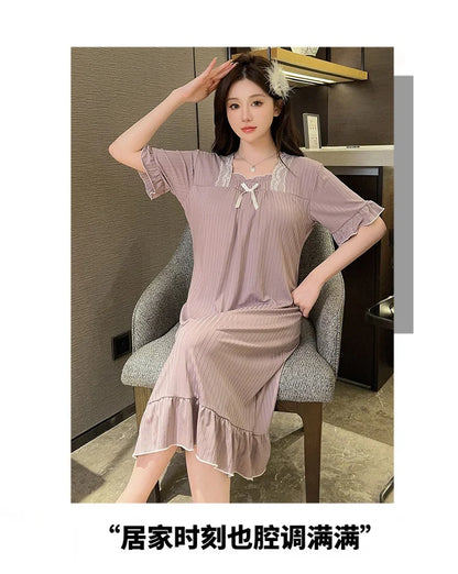 Hot Summer Plus Size Sexy Lace V-neck Short Sleeve Cotton Nightgowns for Women Cute Sleepwear Night Dress Nightdress Home Nighty
