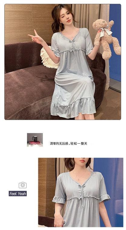 Hot Summer Plus Size Sexy Lace V-neck Short Sleeve Cotton Nightgowns for Women Cute Sleepwear Night Dress Nightdress Home Nighty