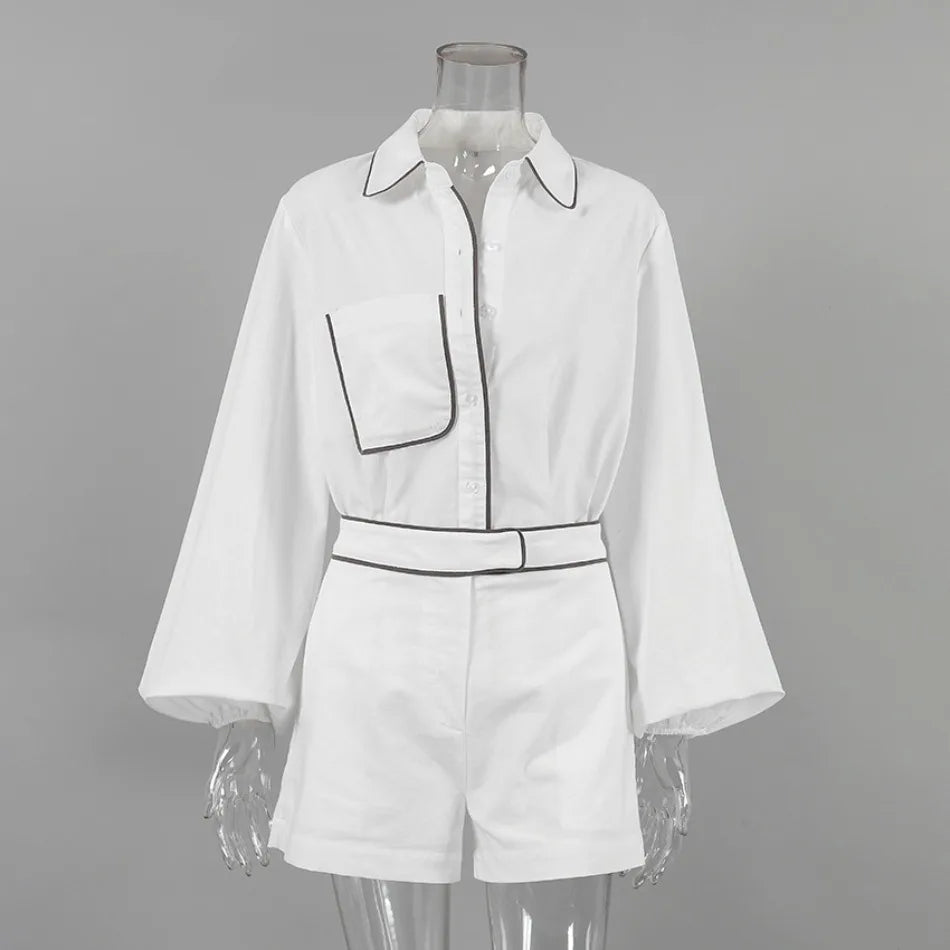 New in Summer Women's Elegant Set   Cotton Linen Long-Sleeved Black White Contrasting Color Design Shirt Shorts Two-Piece