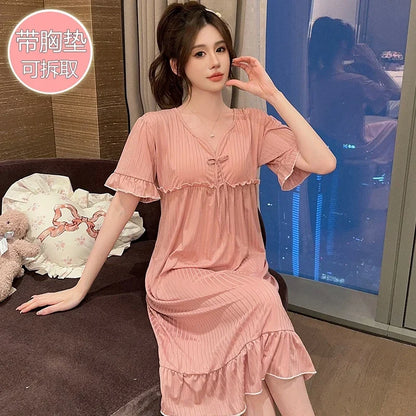 Hot Summer Plus Size Sexy Lace V-neck Short Sleeve Cotton Nightgowns for Women Cute Sleepwear Night Dress Nightdress Home Nighty