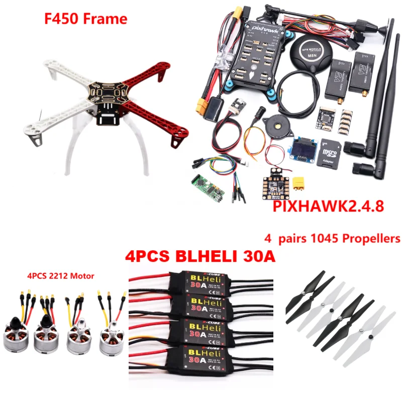 PixHawk2.4.8 Flight Control F450 Drone Kit Ardupilot 100MW Radio Telemetry Quadcopter BLHELI 30A 2212 Motor ESC Landing Gear