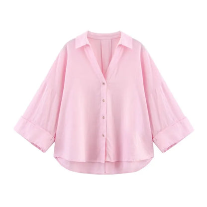HipSeam Wide Sleeved Shirt Women Spring Asymmetric Hem Button Women's Shirts Simple Lady Johnny Collar Shirts & Blouses