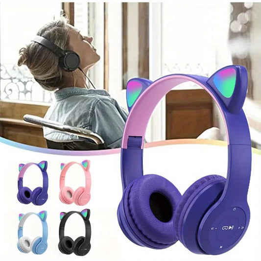 Cute Light Blue Cat Ear Over-Ear Bluetooth Headphones, Foldable Wireless Gaming Headset with LED Glowing Lights, Noise Isolation Cat Ear Headphones for Girls Kids Gaming Music