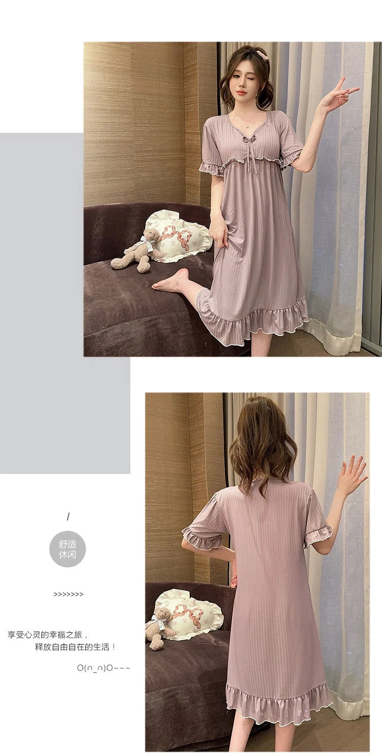 Hot Summer Plus Size Sexy Lace V-neck Short Sleeve Cotton Nightgowns for Women Cute Sleepwear Night Dress Nightdress Home Nighty